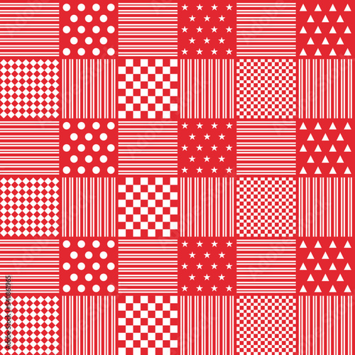 Geometric seamless checked red and white pattern with dotted, checkered, striped, star, and triangle shapes. Simple colorful design for holidays texture, background, decoration, web, or print design