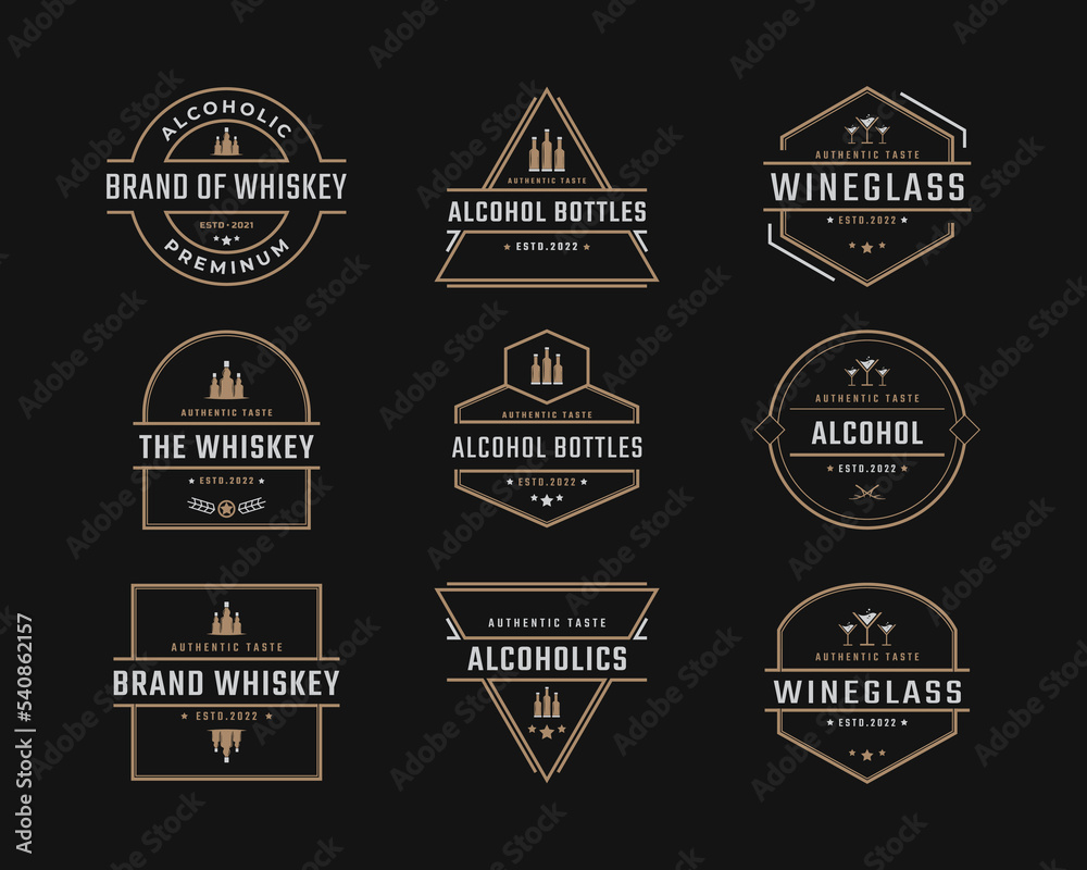 Vintage Retro Badge Emblem Beverage, Wine Glasses, Bottles, Beer, Drinks, Restaurant Logo Design Linear Style