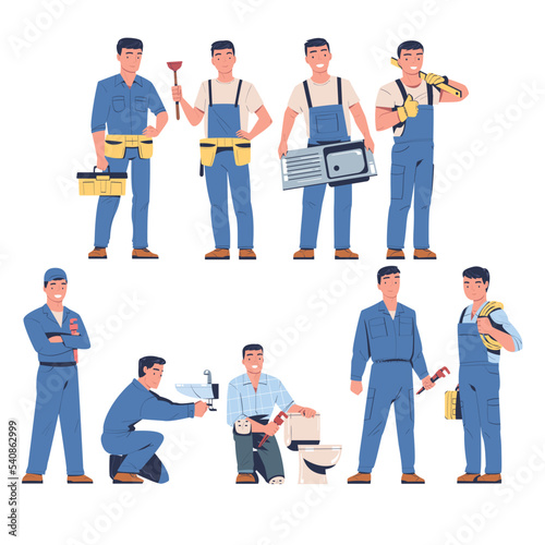 Plumber, Electrician and Repairman in Blue Uniform with Tool and Instrument Working and Fixing Vector Set