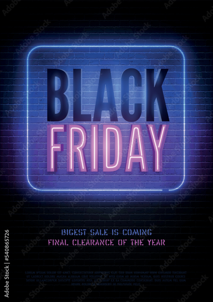 Black Friday sale advert blue pink neon light and inscription on dark background. Stylish discount youth neon vector banner template. Luxury store seasonal clearance special price offer poster design.