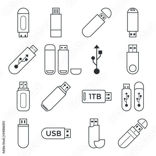 Flash drive set of outline icons about data storage devices.