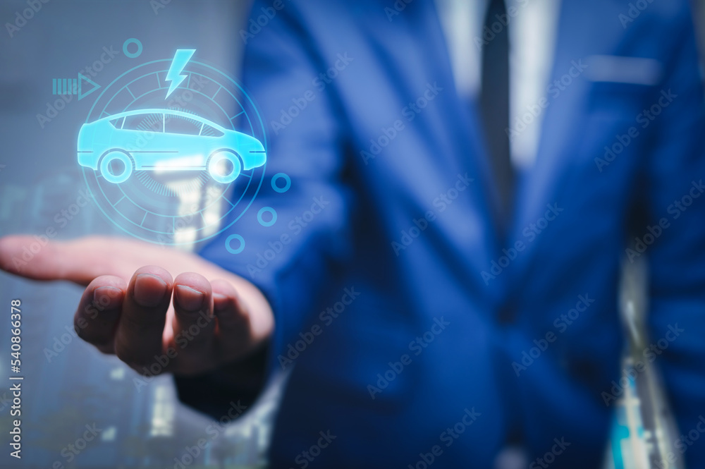 Choosing an electric vehicle. electric car choice. pointing at symbol