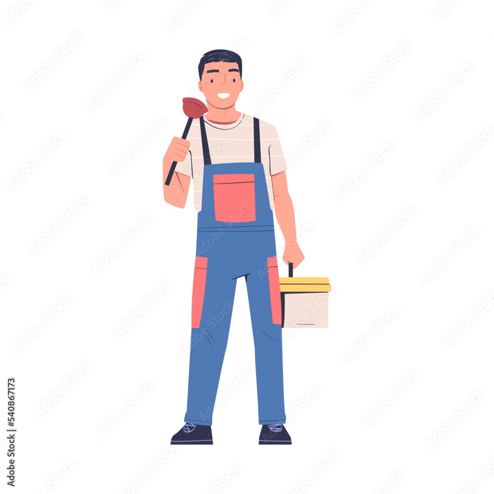 Man Plumber in Blue Overalls Standing with Plunger and Toolbox Vector Illustration Man Plumber in Blue Overalls Standing with Plunger and Toolbox Vector Illustration