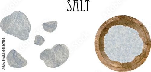 Watercolor white sea salt pellets in wooden spoon. Kitchen pepper spices and herbs set.