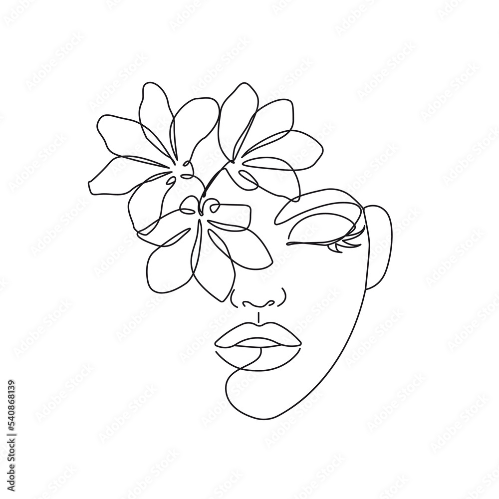 Woman Face with Flowers Line Vector Drawing. Style Template with Female