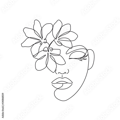Woman Face with Flowers Line Vector Drawing. Style Template with Female Face with Flowers. Modern Minimalist Simple Linear Style. Beauty Fashion Design 