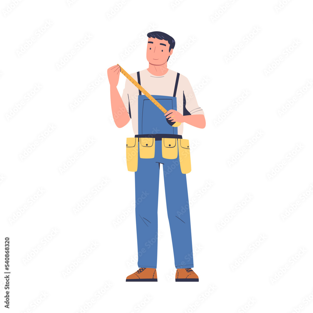 Repairman in Blue Overalls Standing with Measure Tape Vector Illustration
