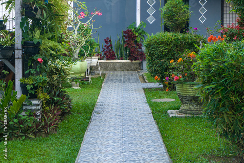 walkway or pathway for walk to connecting each section of the building. passageway or footpath with flowers and plants around