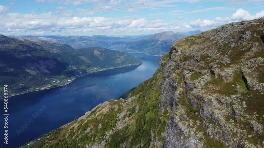 Hardangerfjord sorfjorden towards Utne seen from queens hiking path above Lofthus in Norway