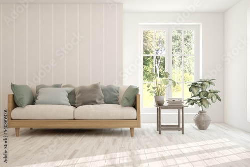 Stylish room in white color with sofa and summer landscape in window. Scandinavian interior design. 3D illustration