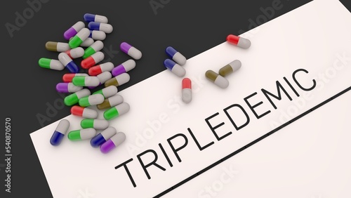 Tripledemic metaphor 3d illustration. COVID-19, flue and respiratory infections in winter time. photo