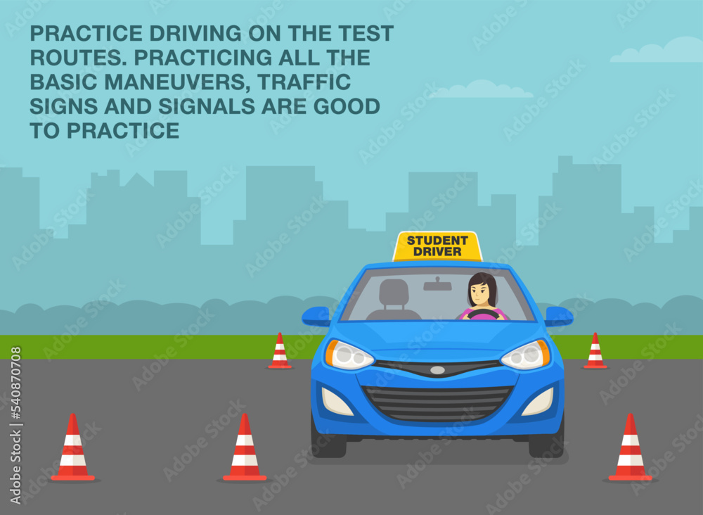 Car drive practicing. Practice driving on the test routes. Young female