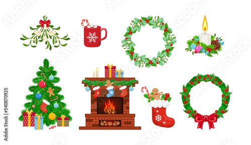 Christmas set. Elements of New Year's decor. Vector bright cartoon illustration.
