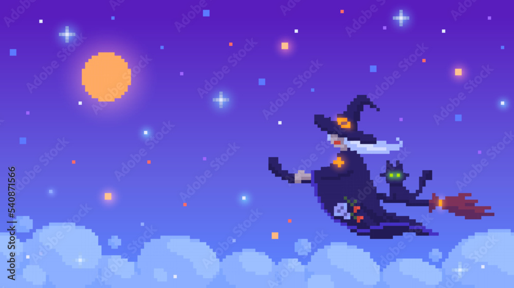 Naklejka premium Witch flying on a broomstick with a cat on Halloween