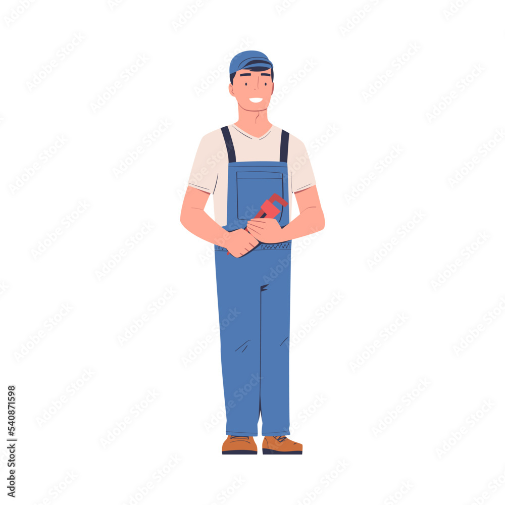 Man Plumber Standing with Wrench for Working and Fixing Vector Illustration Man Plumber Standing with Wrench for Working and Fixing Vector Illustration