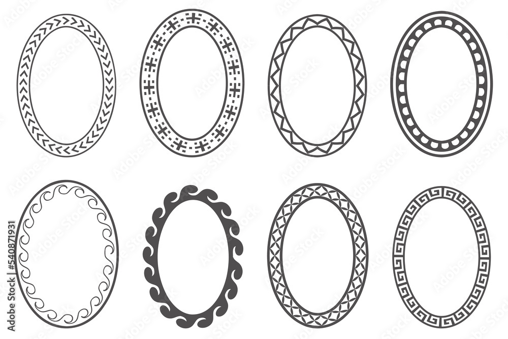 Greek key oval frame set. Circle borders with meander ornaments. Ellipse ancient designs. Vector Greek key oval frame set. Circle borders with meander ornaments. Ellipse ancient designs. Vector