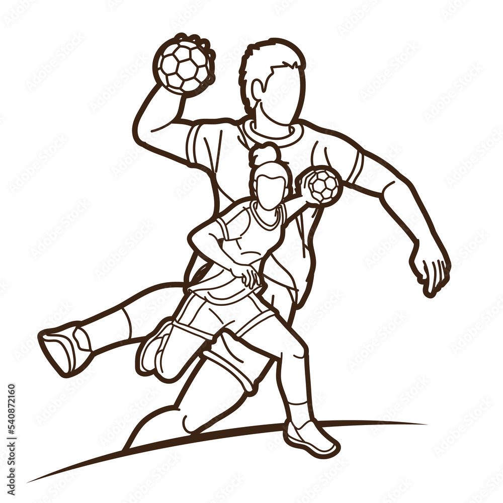 Group of Handball Players Male and Female Action Together Cartoon Sport Team Graphic Vector Group of Handball Players Male and Female Action Together Cartoon Sport Team Graphic Vector