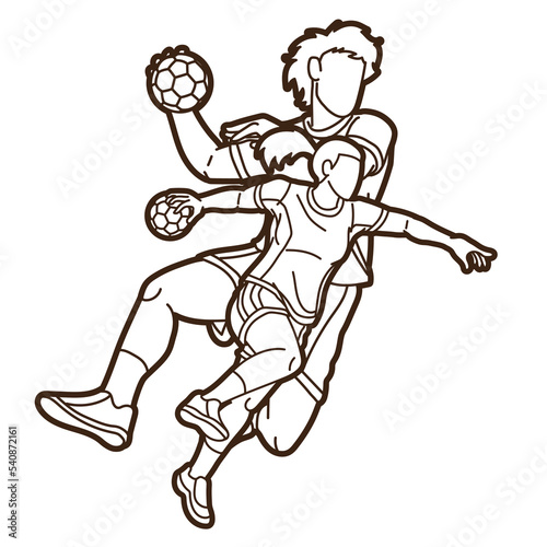 Group of Handball Players Male and Female Action Together Cartoon Sport Team Graphic Vector