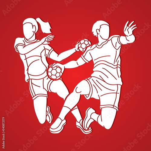 Group of Handball Players Male and Female Action Together Cartoon Sport Team Graphic Vector