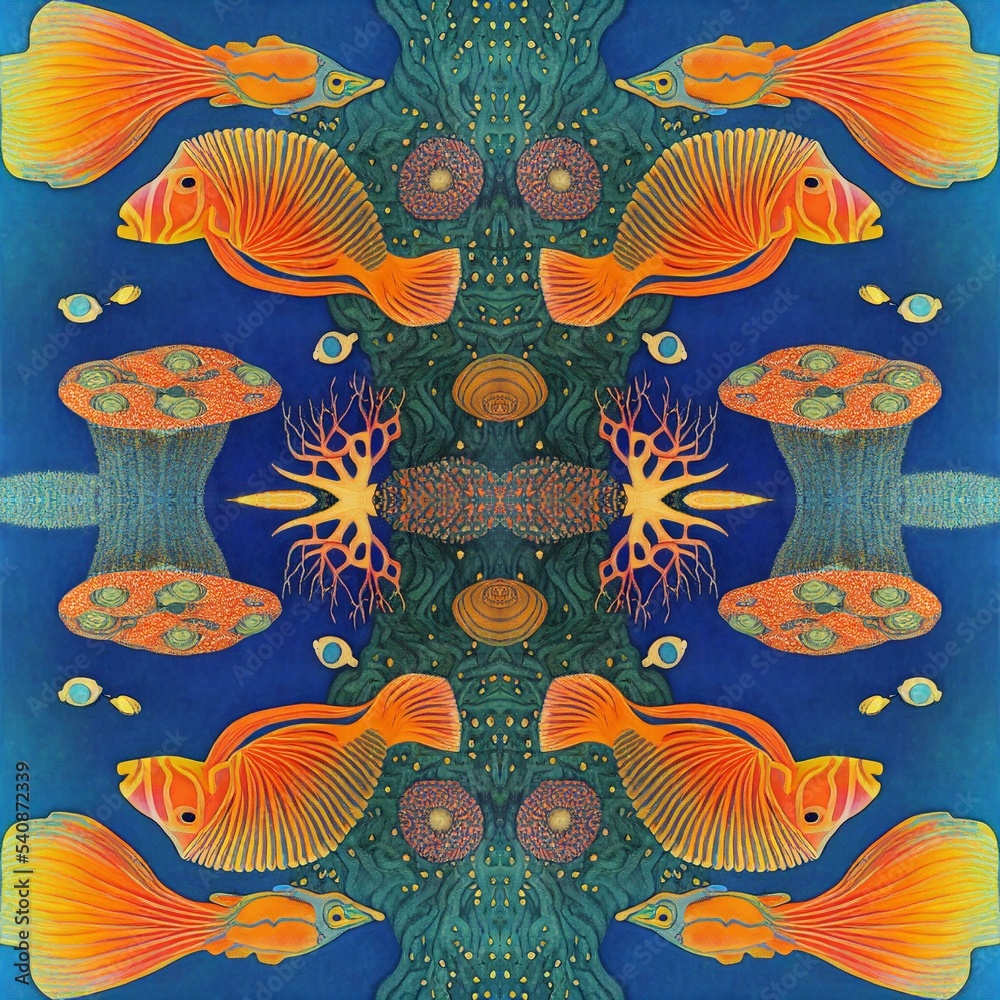 Fototapeta premium Colorful Coral Reefs and Sealifes Seamless Pattern, Fish in the Tropical Sea Wallpaper, Nautical Artwork, Creatures in the Ocean Fabric Print, Aquatic Animals Illustration, Hand Drawn Underwater Scene