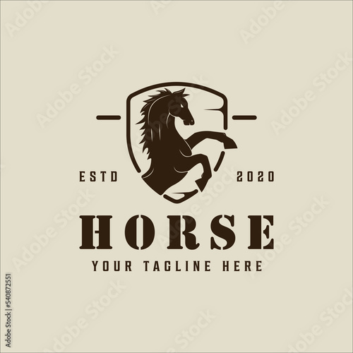 horse jumping on shield emblem logo vector vintage illustration template icon graphic design. stallion wild animal sign or symbol for farm and ranch concept or mascot delivery industry or logistic