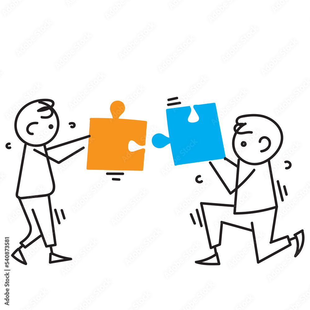 Obraz premium hand drawn doodle people holding jigsaw puzzle illustration symbol for teamwork