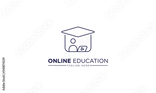 Online Class Logo Academy Cap and Laptop Man Symbol, Course, distant education learning, online icon. Webinar concept, online or virtual school in home.