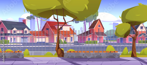 Suburb houses, suburban street with residential cottages behind of metal fence with green trees, benches and paved road. Countryside townscape with two storey buildings Cartoon vector illustration