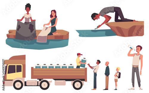 Water scarcity and shortage scene pack, flat vector illustration isolated.