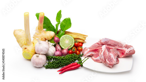 Thai herb ingredient, spicy food  soft pork ribs isolated on white background