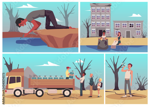 People suffering from thirst and malnutrition due to water scarcity and drought, flat vector illustration.