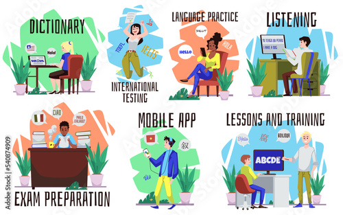 Set of people learning languages online flat style, vector illustration