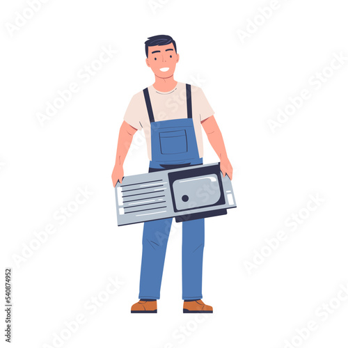 Repairman in Blue Overalls Standing with Metal Sink for Working and Fixing Vector Illustration