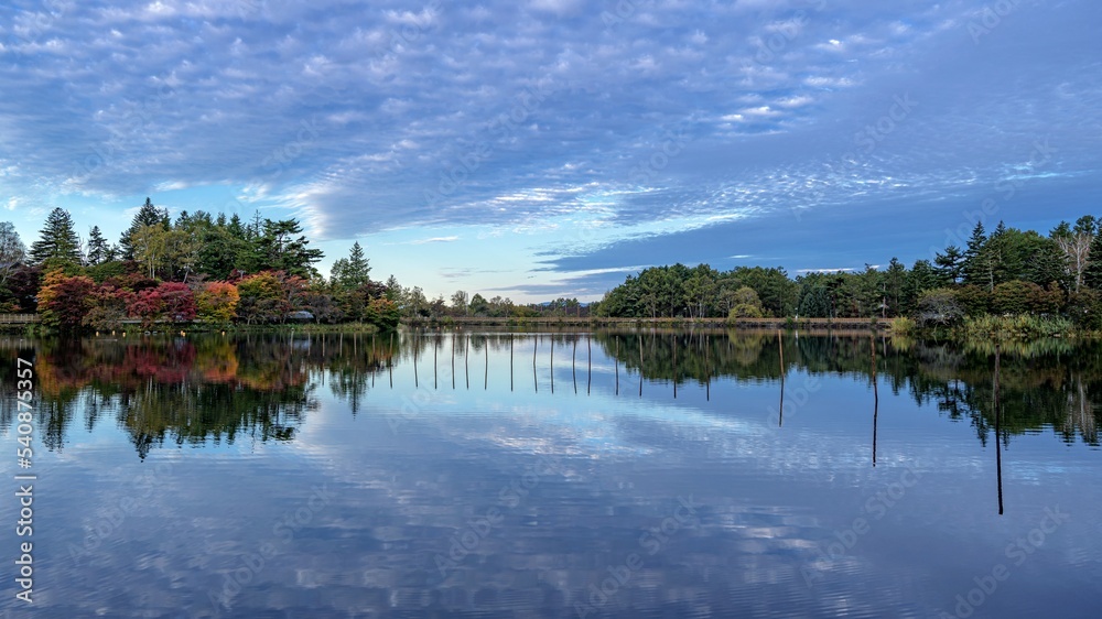 長野県・茅野市 秋の朝の蓼科湖の風景