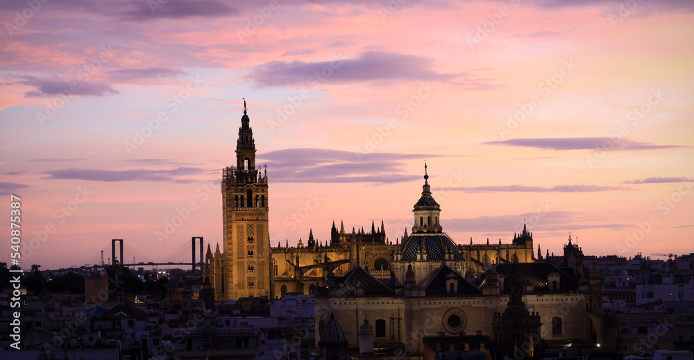 Beautiful  landscape of Sunset skyline view with a cityscape at Seville Cathedral ,Spain