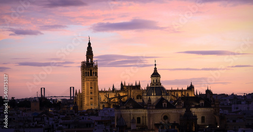 Beautiful  landscape of Sunset skyline view with a cityscape at Seville Cathedral  Spain