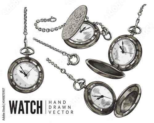 Set of hand drawn colorful watch pockets on chains sketch style