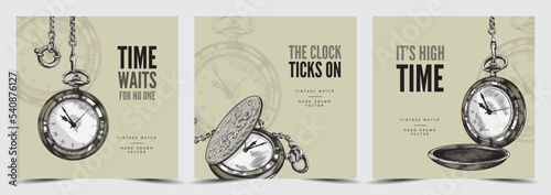 Set of banners or cards with hand drawn pocket watches on chains sketch style