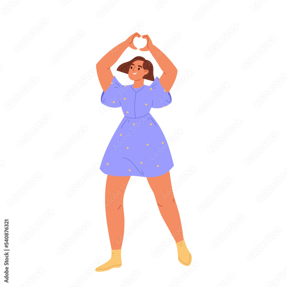 Happy young girl showing heart shape finger hand gesture. Cheerful woman demonstrate love happiness Happy young girl showing heart shape finger hand gesture. Cheerful woman demonstrate love happiness