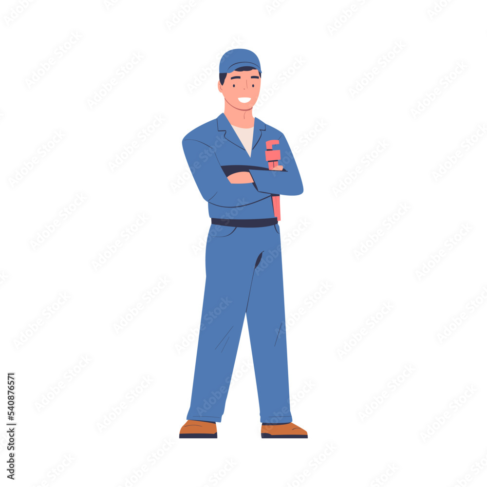 Man Plumber Standing with Wrench for Working and Fixing Vector Illustration