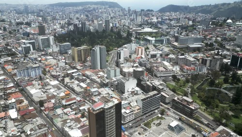 Drone shot of Quito, Ecuador featuring the many skyscrapers on the city's skyline.