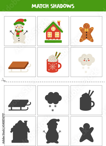 Find shadows of Christmas elements. Cards for kids.