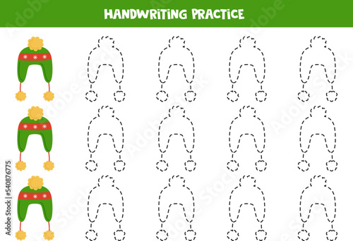 Tracing lines for kids with winter hats. Writing practice.
