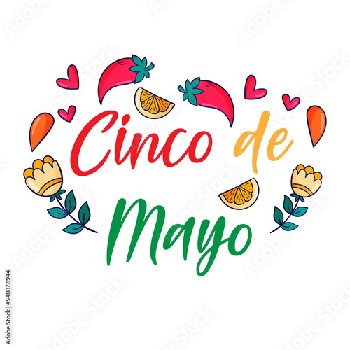 Beautiful Vector illustration with Design for Mexican Holiday 5 May Cinco De Mayo. Vector Template with Traditional Mexican Symbols Skull, Mexican Guitar, Flowers, Chili Sombrero Feliz Cinco de Mayo  © Kabeer