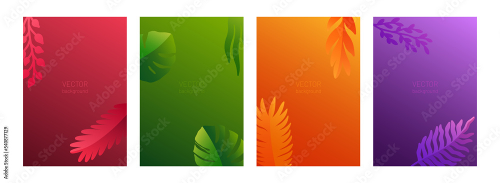 Set of monochrome posters with tropical leaves in saturated colors.