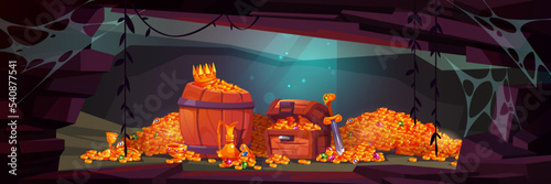 Treasure cave with pirate chest, golden coins in wooden barrel, crystal gems, crown, sword in pile of gold and goblet with precious rocks, ancient fantasy magic tomb, loot, Cartoon vector illustration
