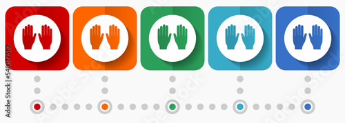 Gloves vector icons, infographic template, set of flat design hands protection symbols in 5 color options