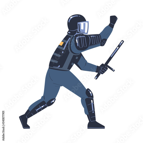 Riot Police Officer and Squad Member in Uniform and Helmet with Baton Fighting Vector Illustration