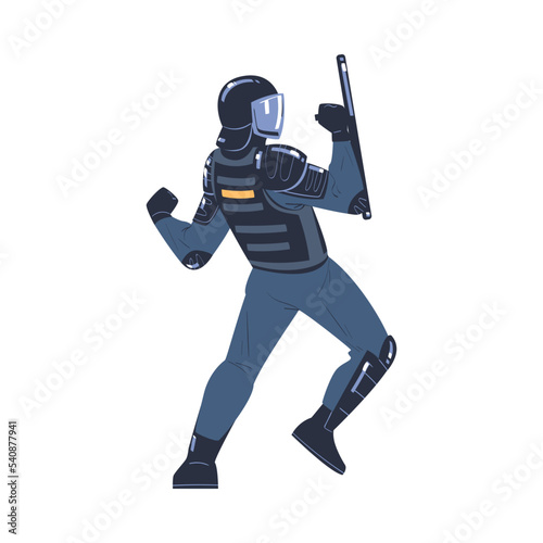 Riot Police Officer and Squad Member in Uniform and Helmet with Baton Fighting Vector Illustration