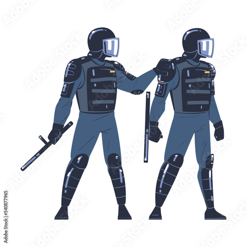 Riot Police Officer and Squad Member in Uniform and Helmet with Baton Maintaining Order Vector Illustration